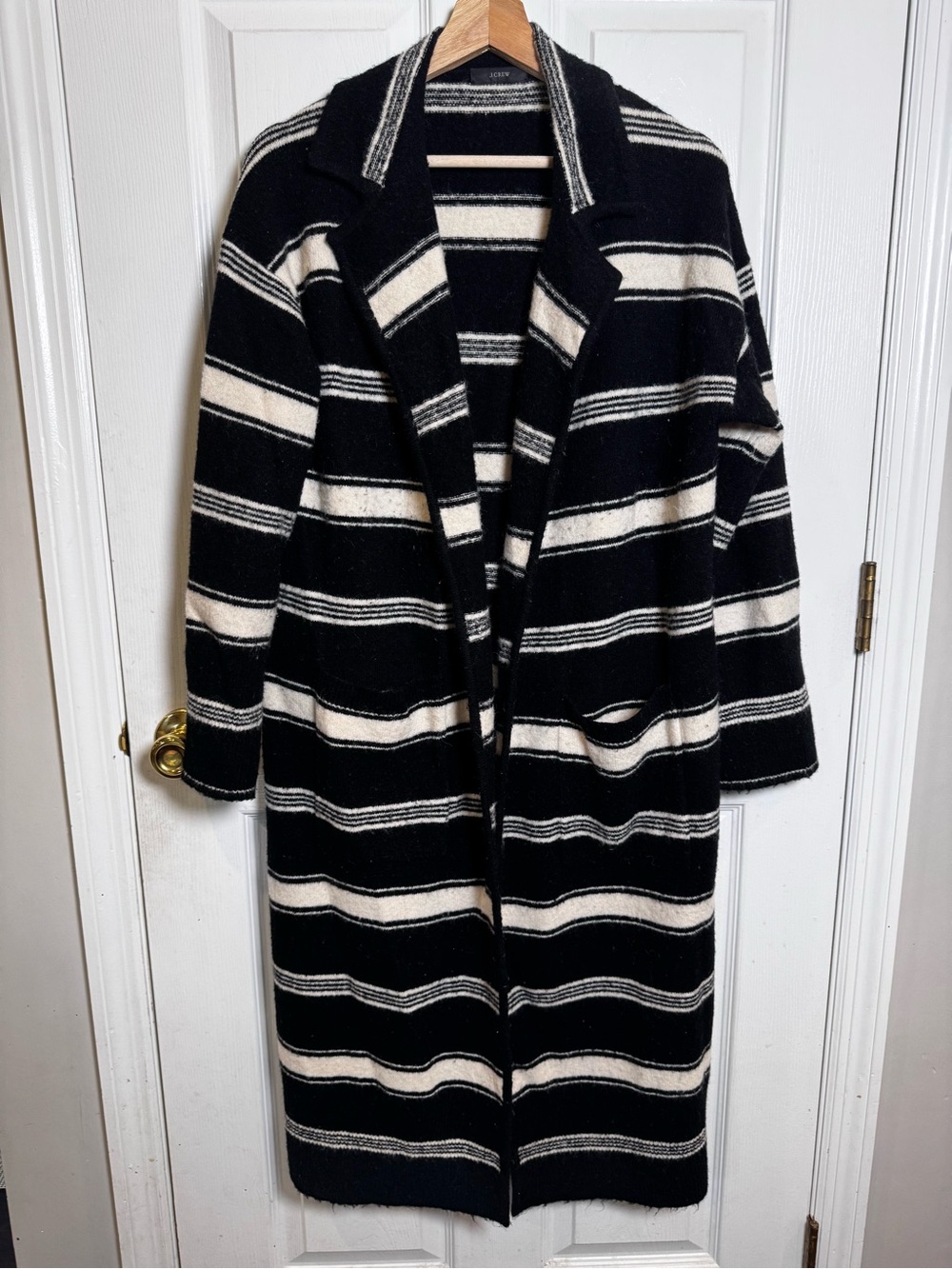 J.Crew Long Sweater Coat M/L Black Ivory Stripe Merino Alpaca BA341 Coatigan